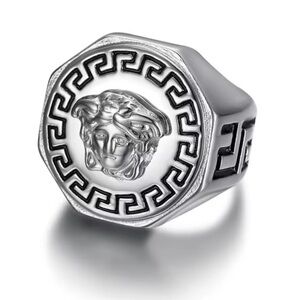 Versace Unisex Silver Octagonal Medusa Ring.
